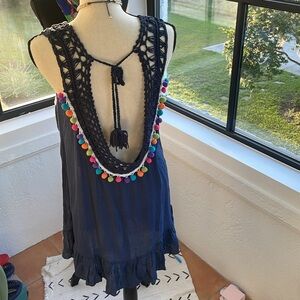 NWT Aloro PomPom Crochet Gauzy‎ Swimsuit Cover-up in Navy Size Medium